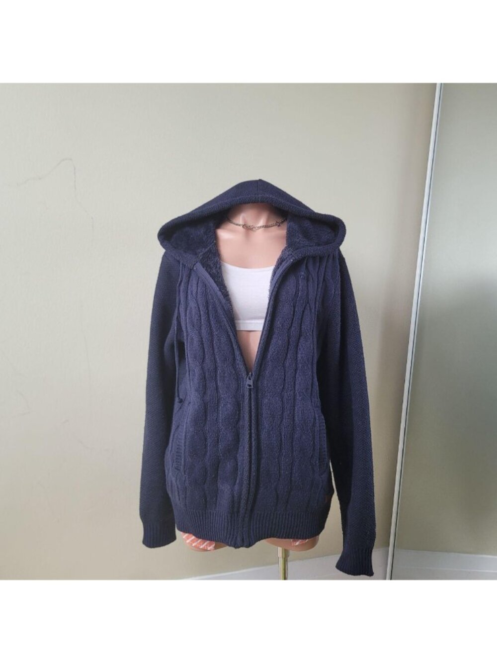 Buffalo Navy Blue Heavy Cable Knit Fleece Sherpa Hooded Zip Up (L)